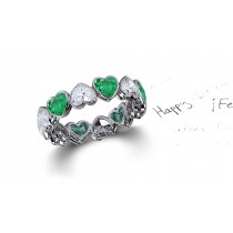 Delicate Heart Shaped Diamond Bezel Set Green Emerald & Diamond Eternity Rings