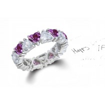 Heart Shaped Diamond Prong Set Diamond & Red Ruby Sapphire Eternity Rings in Gold
