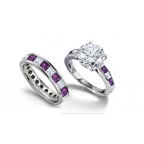 Round Diamond & Princess Cut Purple Sapphire Diamond Engagement Ring & Wedding Wedding Band in 2 to 2.5 cts