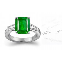 A Complete Display: Popular & Fashionable: Emerald Timeless Classic 3 Stone Emerald Cut Emerald & Bullet Shape Diamond Ring in Platinum