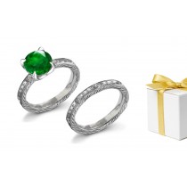 Victorian Design: Exquisite FoliatMotif Solitaire Emerald & Diamond Ring & Band