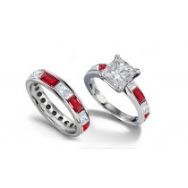 Princess Cut Diamond and BaguetteRuby Bridal Set