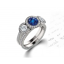 Delicate Micro Pave Halo Vivid Blue Sapphires & Brilliant-Cut Round Diamonds Designer Engagement Rings