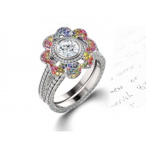 Delicate Micro Pave Halo Vivid Flower Rainbow Sapphires & Brilliant-Cut Round Diamonds Designer Engagement Rings