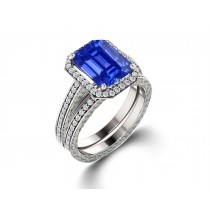 Delicate Micro Pave Halo Vivid Blue Sapphires & Brilliant-Cut Round Diamonds Designer Engagement Rings