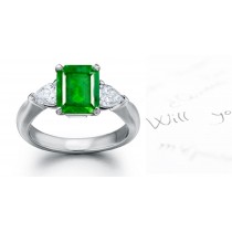 Arious Combinations: A long & Thin Elegant 3 Stone Emerald Cut inEmerald & Pear Shape Diamond Ring in Gold