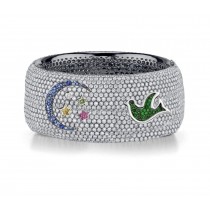 Delicate French pavee Sparkling Brilliant-Cut Round Diamonds & Vivid Multi-Colored Precious Stones Eternity Rings & Bands Featuring Bird, Moon & Stars