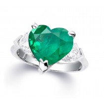 Three Stone Center Heart Diamond & Heart Emerald Ring