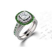 Latest Collection: Delicate Halo Micropave Side Accents Green Emeralds & Diamonds Engagement Rings