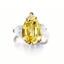 Custom Manufactured Three Stone Pear-Shaped Yellow Sapphire & Side Heart Diamonds Ring