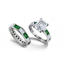 Emerald Cut Diamond & Baguette Emerald Ring & Matching Wedding Band