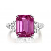 Premium Quality Unique Heart Shaped Diamonds & Pink Sapphire Emerald Cut Three Stone Rings