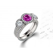 Delicate Micro Pave Halo Vivid Pink Sapphires & Brilliant-Cut Round Diamonds Designer Engagement Rings