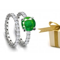 Fancy Shaped Diamonds: Spanish Ladies Round Emerald & Diamond Three-Stone Ring in 14k White Gold & Platinum