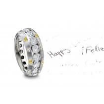 Channel Set Round Diamond Gold Band Yellow & White Heart Diamond Sprinkle All Around View From Sides & Front