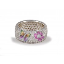 High Quality French pavee Multi-Colored Sapphire & Brilliant-Cut Round Diamond Butterfly & Flower Eternity Rings & Bands