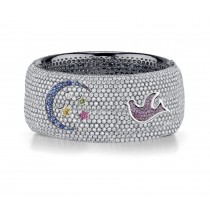 Delicate French pavee Sparkling Brilliant-Cut Round Diamonds & Vivid Multi-Colored Precious Stones Eternity Rings & Bands Featuring Bird, Moon & Stars