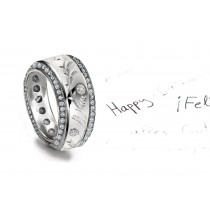 American Art Deco Style: Awe Diamond & Platinum Band with Leaf & Floral Motifs Center & Bead Set Diamond Borders