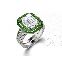 Latest Collection: Delicate Halo Micropave Side Accents Green Emeralds & Diamonds Engagement Rings