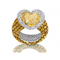 Delicate Micro Pave Round Brilliant Cut & Heart Yellow Sapphires & Diamonds Halo Ring