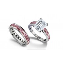 Emerald Cut Diamond & Pink Baguette Sapphire Ring & Sapphire Gold Band