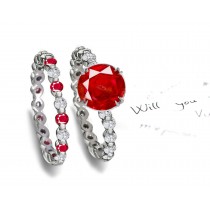 Pigeon Red: Bar Set Ruby & Diamond Engagement Ring & Matching Band in Platinum Ring Size 3 to 8