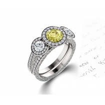 Delicate Micro Pave Halo Vivid Yellow Sapphires & Brilliant-Cut Round Diamonds Designer Engagement Rings