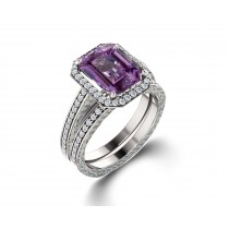 Delicate Micro Pave Halo Vivid Purple Sapphires & Brilliant-Cut Round Diamonds Designer Engagement Rings