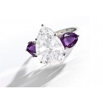 Pear-Shaped Diamond & Purple Sapphire Three Stone Engagement and Right Hand Rings