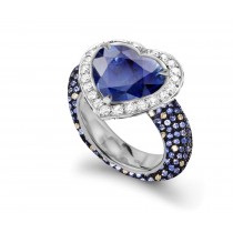 Delicate Micro Pave Round Brilliant Cut & Heart Blue Sapphires & Diamonds Halo Ring