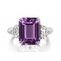 Premium Quality Unique Heart Shaped Diamonds & Purple Sapphire Emerald Cut Three Stone Rings