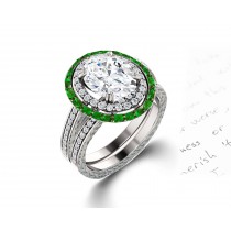 Latest Collection: Delicate Halo Micropave Side Accents Green Emeralds & Diamonds Engagement Rings