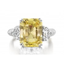 Premium Quality Unique Heart Shaped Diamonds & Yellow Sapphire Emerald Cut Three Stone Rings