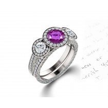 Delicate Micro Pave Halo Vivid Purple Sapphires & Brilliant-Cut Round Diamonds Designer Engagement Rings