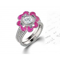 Delicate Micro Pave Halo Vivid Flower Pink Sapphires & Brilliant-Cut Round Diamonds Designer Engagement Rings