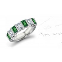 Very Popular: 7 Stone Bar set Emerald-Cut Emerald & Emerald Cut Diamond Anniversary Ring