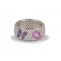 High Quality French pavee Multi-Colored Sapphire & Brilliant-Cut Round Diamond Butterfly & Flower Eternity Rings & Bands