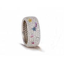 High Quality French pavee Multi-Colored Sapphire & Brilliant-Cut Round Diamond Moon & Stars Eternity Rings & Bands