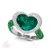 Ring with Heart Emerald & Pave Set Emeralds & White Diamonds in Gold or Platinum