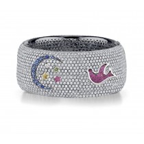 Delicate French pavee Sparkling Brilliant-Cut Round Diamonds & Vivid Multi-Colored Precious Stones Eternity Rings & Bands Featuring Bird, Moon & Stars