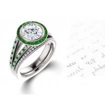 Latest Collection: Delicate Halo Micropave Side Accents Green Emeralds & Diamonds Engagement Rings