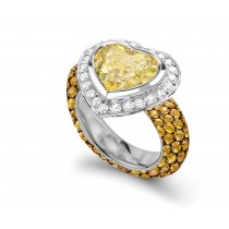 Delicate Micro Pave Round Brilliant Cut & Heart Yellow Sapphires & Diamonds Halo Ring