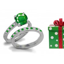 Various Designs: Exclusive Quality Round Emerald & Diamond Three-Stone Ring in 14k White Gold & Platinum