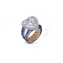 Halo Heart Diamond Ring with Diamonds & Blue Sapphires in Gold or Platinum