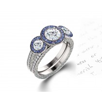 Delicate Micro Pave Halo Vivid Blue Sapphires & Brilliant-Cut Round Diamonds Designer Engagement Rings