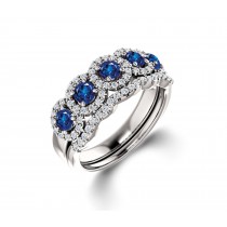 Delicate Micro Pave Halo Vivid Blue Sapphires & Brilliant-Cut Round Diamonds Designer Engagement Rings