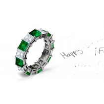  Eternity Ring: Stylish Emerald Square and Princess Cut Diamonds Bar Set Rings in 14K White Gold.