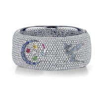 Delicate French pavee Sparkling Brilliant-Cut Round Diamonds & Vivid Multi-Colored Precious Stones Eternity Rings & Bands Featuring Fairy, Moon & Stars