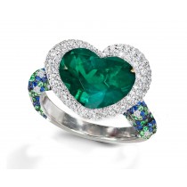 Ring with Heart Emerald & Pave Set Emeralds & White Diamonds in Gold or Platinum