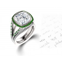 Latest Collection: Delicate Halo Micropave Side Accents Green Emeralds & Diamonds Engagement Rings